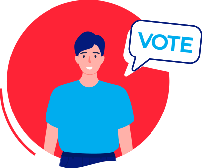 Smiling person in a blue T-shirt says vote | Brosandi manneskja í bláum bol segir kjósið